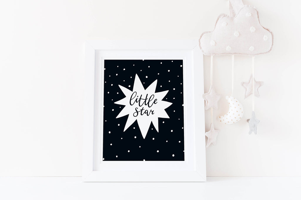 Wall Funk's nursery art set: "little star" on polka dots with cloud and star decor, perfect for modern children's rooms.