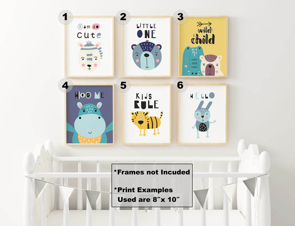 Above the white crib, Wall Funk's 6 charming animal prints add playful joy to your nursery decor.