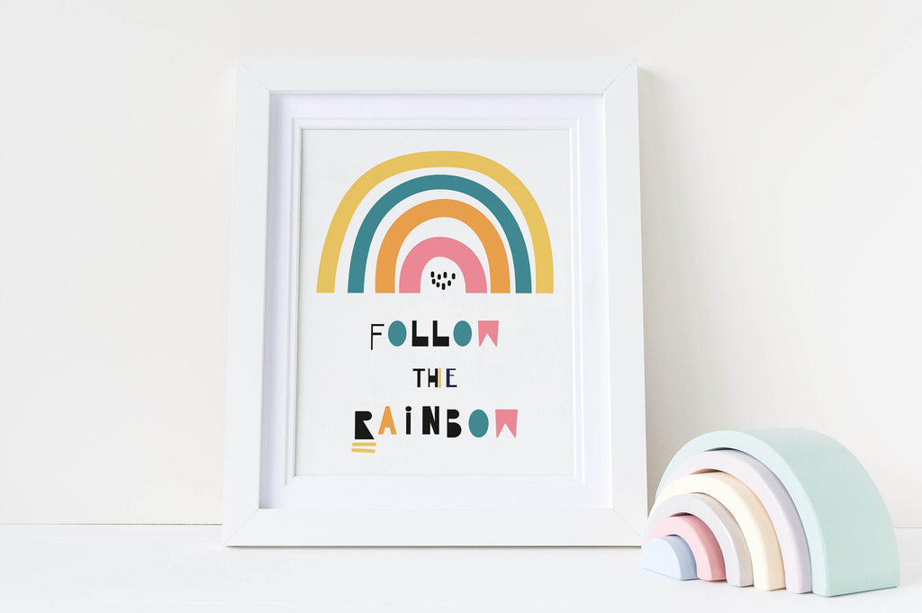 Wall Funk's nursery wall art print has a vibrant rainbow and "Follow the Rainbow" text, ideal for decorating any child's room.