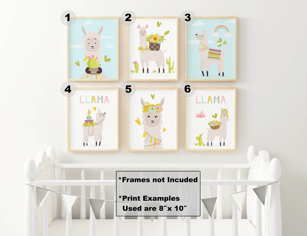 Six Charming Llama Prints by Wall Funk above a white crib. Playful boho designs on high-quality card. Frames not included.