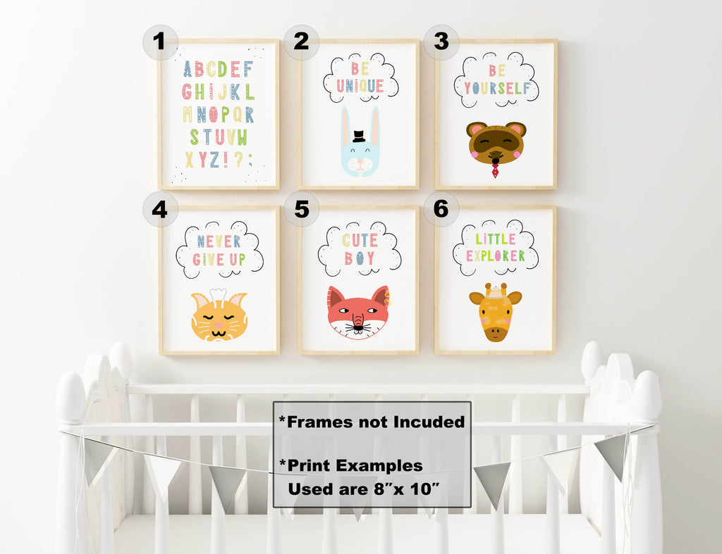 Wall Funk's Nursery Art Set: 6 prints with whimsical animals and motivational messages, colorful over white crib with bunting.