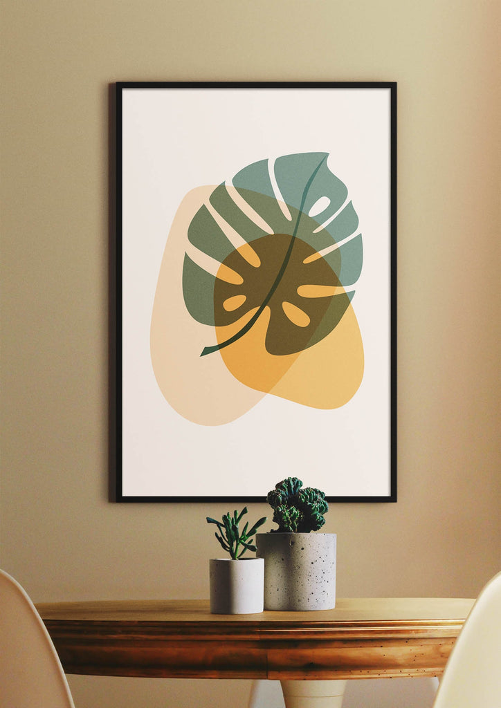 Wall Funk's Floral Abstract Wall Art with leaf design complements floral prints and potted plants above a wooden table.