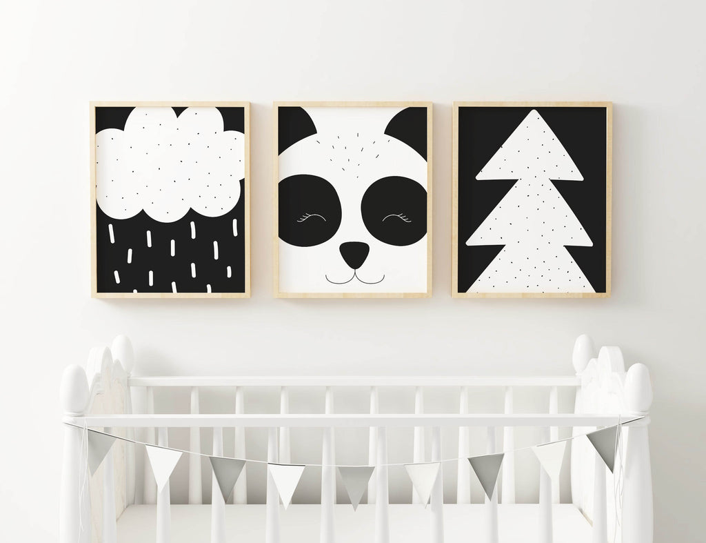 Add minimalist charm to your nursery with Wall Funk's Panda Nursery Art Prints featuring clouds, panda faces, and trees. NP#49.