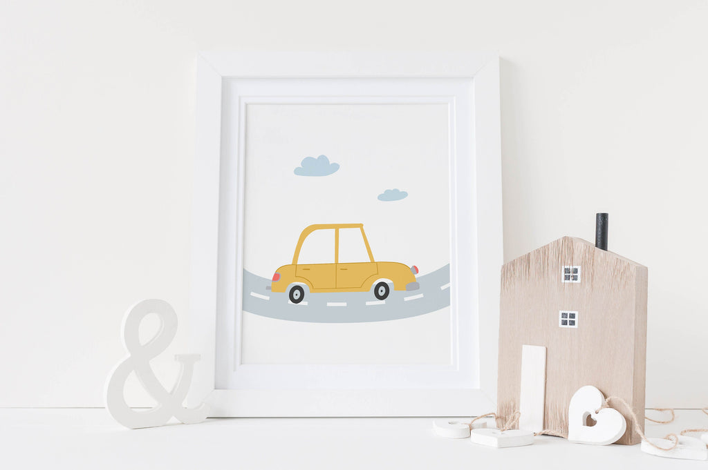 Wall Funk's NP#31 nursery art features a yellow car with a wooden house and ampersand decor. Custom sizes are available.