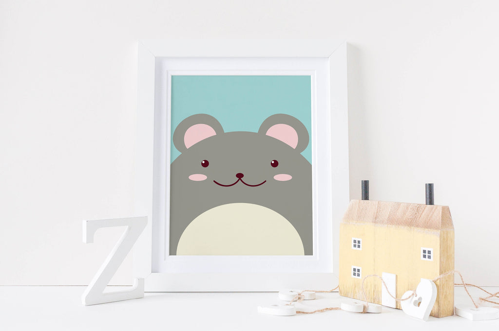 A Wall Funk nursery art print featuring a cartoon mouse on a shelf with a wooden house and "Z" decor nearby. NP#101.