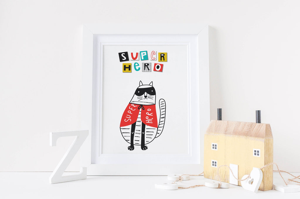 Super Hero" cat illustration in "Wall Funk" custom sizes, ideal for wooden-themed nursery decor.