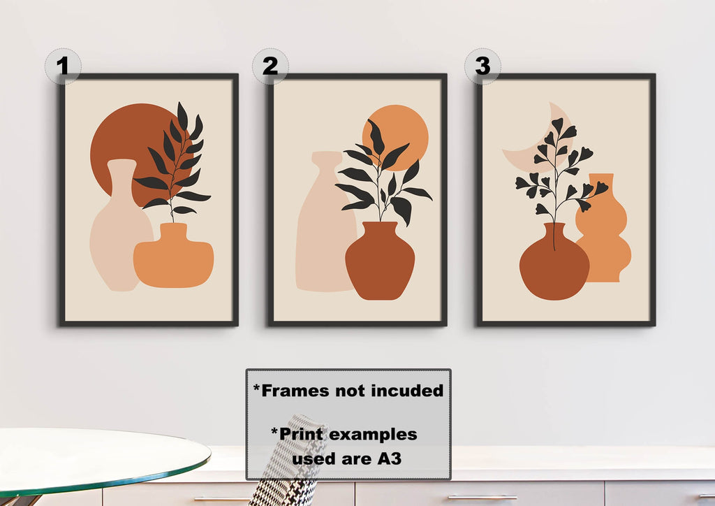 Floral Abstract Wall Art by Wall Funk: Set of 3 earthy-toned vase prints on high-quality card. Frames not included. Perfect over room table.