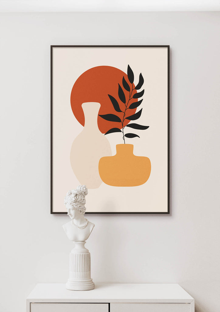 Wall Funk's Floral Abstract Wall Art in earthy tones hangs above a classical bust on a white shelf.