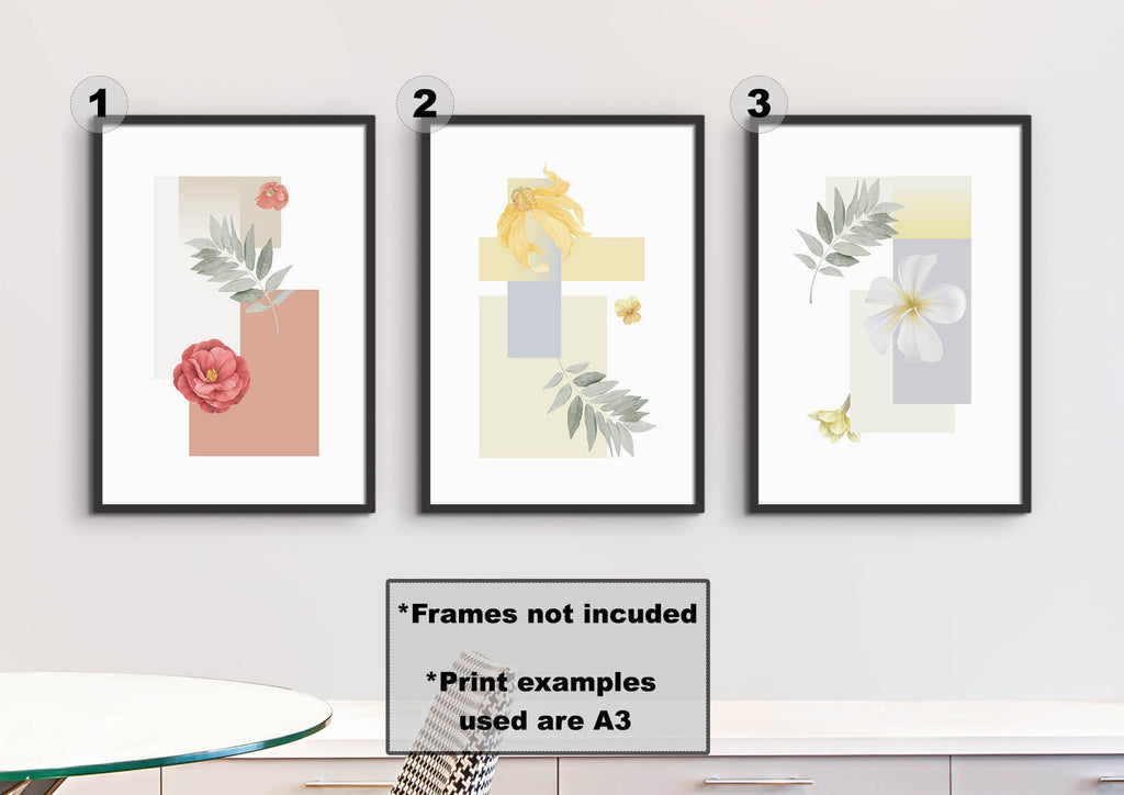 Wall Funk's Floral Abstract Wall Art, in A3 and custom sizes, features three stunning floral prints with flowers and leaves.