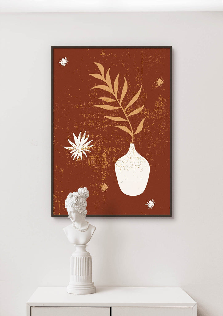 Minimalist room with a bust sculpture and Wall Funk's Floral Abstract Wall Art, featuring a vase against a rustic brown background.