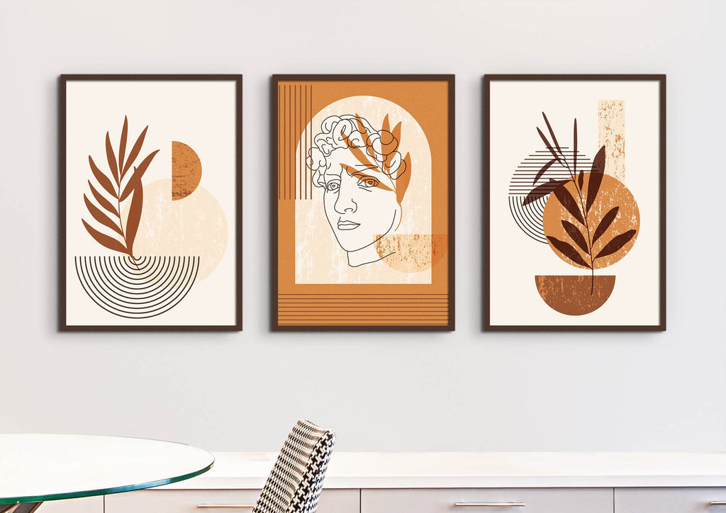 Wall Funk's Floral Abstract Wall Art features earthy-toned modern prints with abstract shapes and a face line drawing, customizable in size.