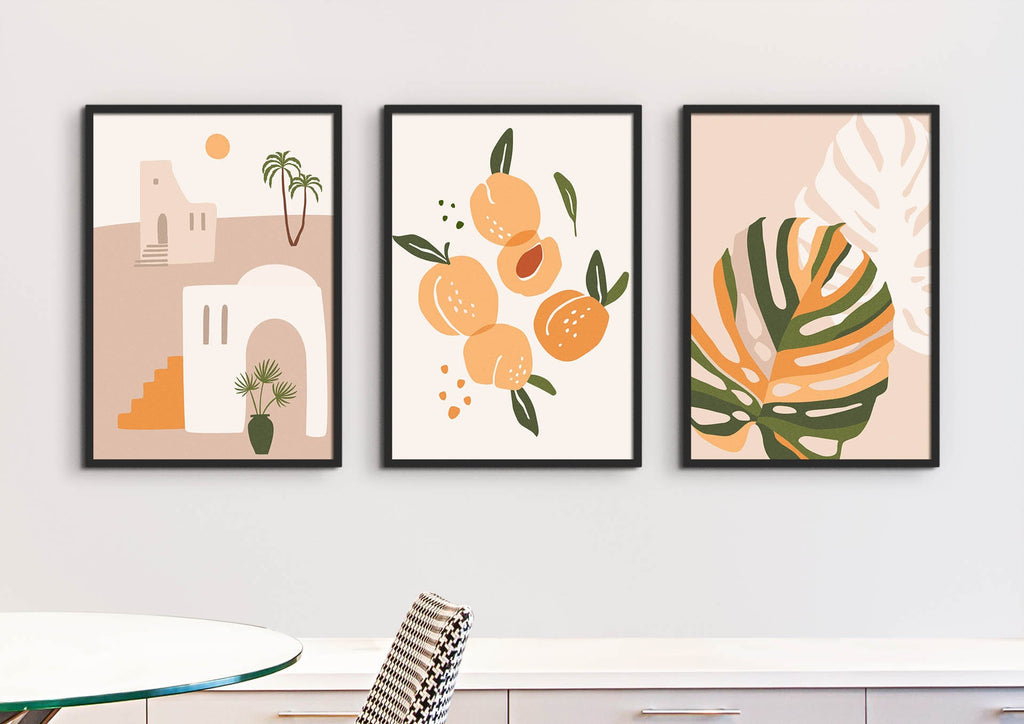 Three Wall Funk Floral Abstract Prints hang above a white table and houndstooth chair, available in custom sizes.