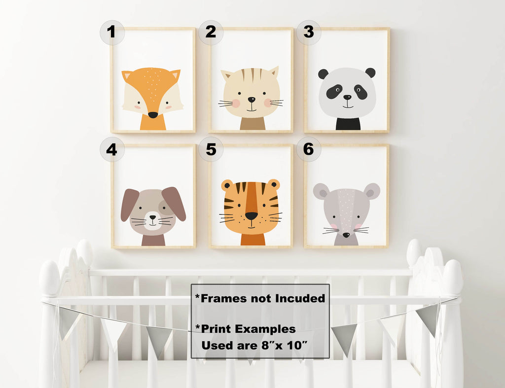 Six high-quality Safari Nursery Prints by Wall Funk: fox, cat, panda, dog, tiger, mouse above a crib. "Frames not Included.