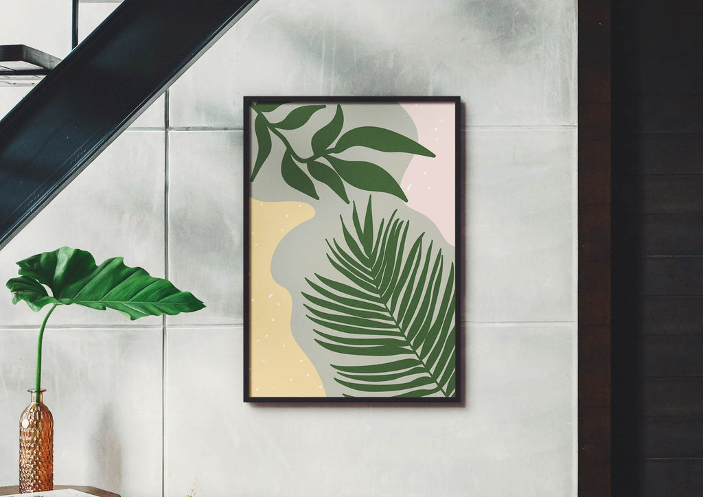 A premium card displaying a framed piece titled "Floral Art Prints, Floral Abstract Art Prints" from Wall Funk hangs on a wall next to a vase containing a large green leaf.