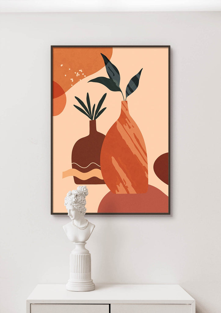 Wall Funk's Floral Abstract Wall Art featuring vases and plants decorates a wall above a bust sculpture, available in custom sizes.