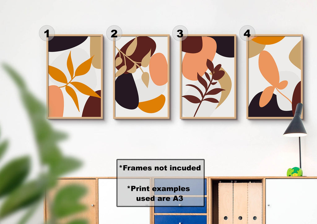 Four Floral Abstract Wall Art card prints by Wall Funk feature orange and brown leaf designs above the shelves.