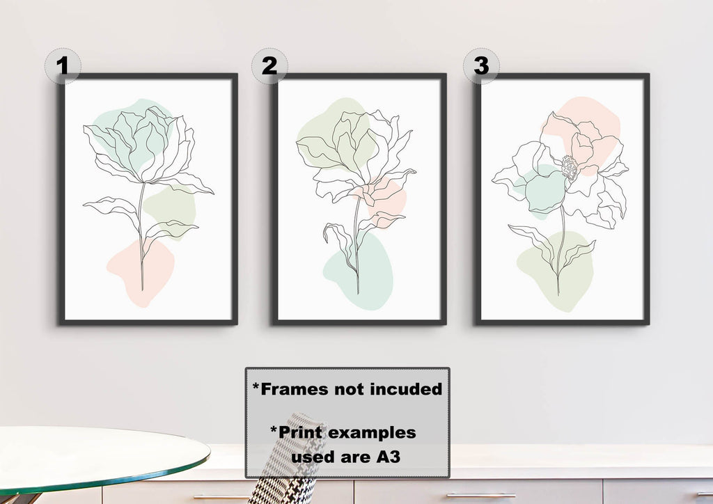 Wall Funk's Floral Abstract Wall Art offers three minimalist floral prints on quality card, perfect above a round table with pastel tones.