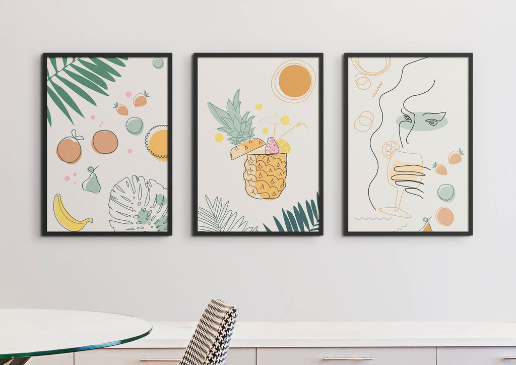 Wall Funk's Abstract Shapes and Floral Theme prints: fruits & leaves, pineapple drink, face with beverage. Custom sizes available.