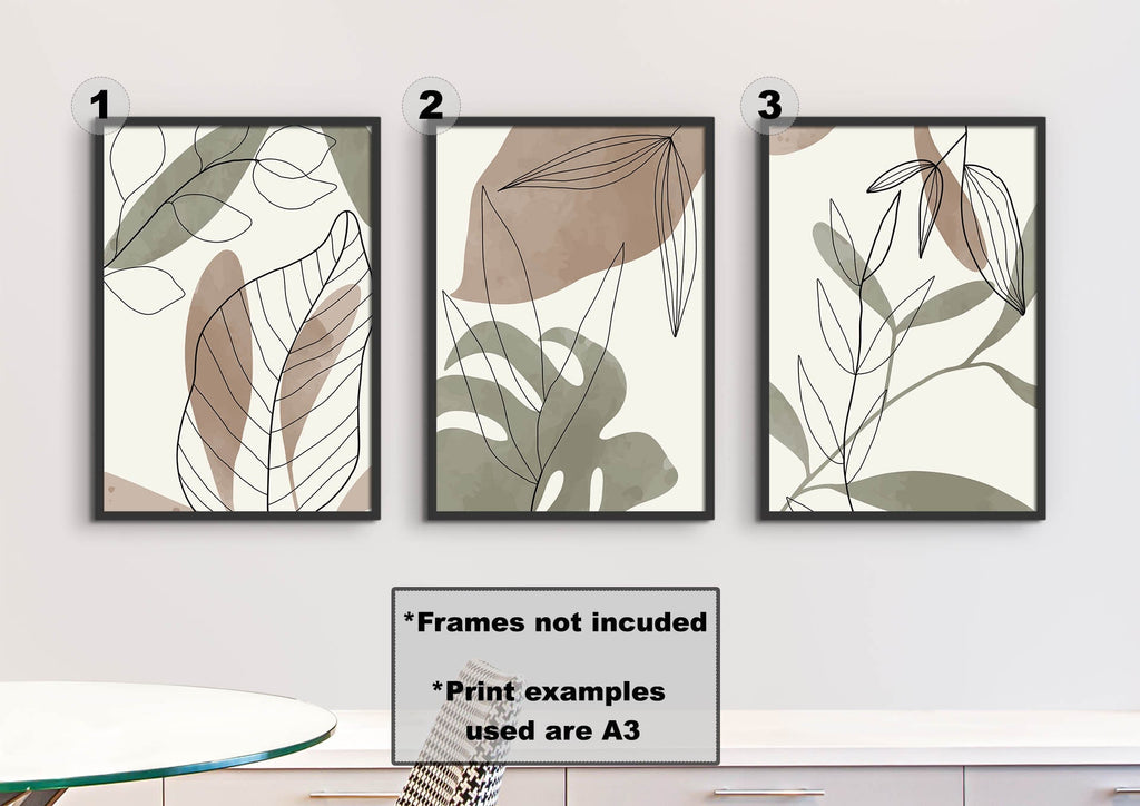 Set of 3 Floral Abstract Wall Art by Wall Funk on card, muted tones, displayed with round table in foreground.