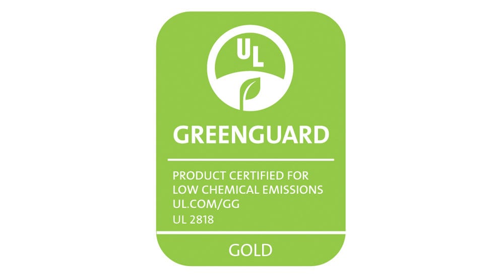 Green label with "Greenguard" logo: Wall Funk's Floral Abstract Wall Art, certified low emissions. UL 2818 Gold.