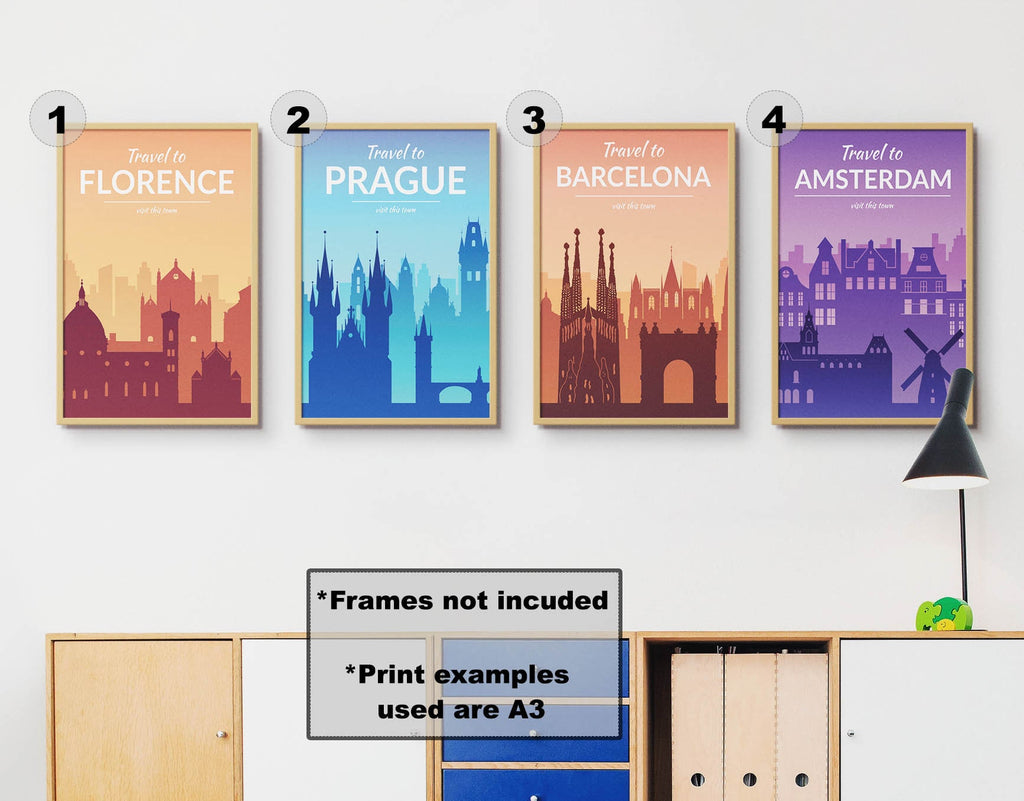 Wall Funk's TP#01 prints of Florence, Prague, Barcelona, and Amsterdam add color above wooden cabinets.