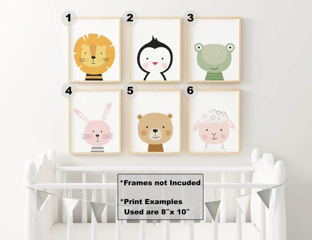 Safari Nursery Prints by Wall Funk: 6 adorable animals above a crib, available in custom sizes for high-quality nursery art.