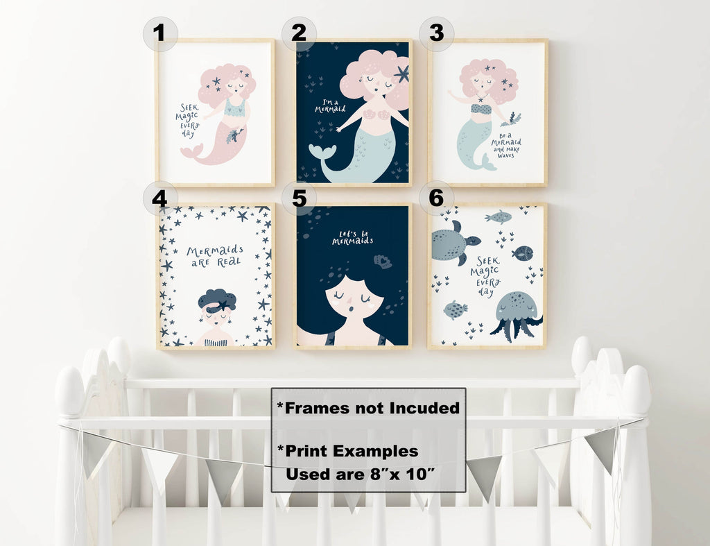 Wall Funk's Enchanting Mermaid Nursery Wall Art Prints form a charming group of pictures on a wall.