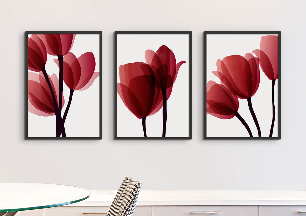 Wall Funk's Floral Abstract Wall Art showcases red tulips on white, elegantly framed above a light wood sideboard with a modern setup.