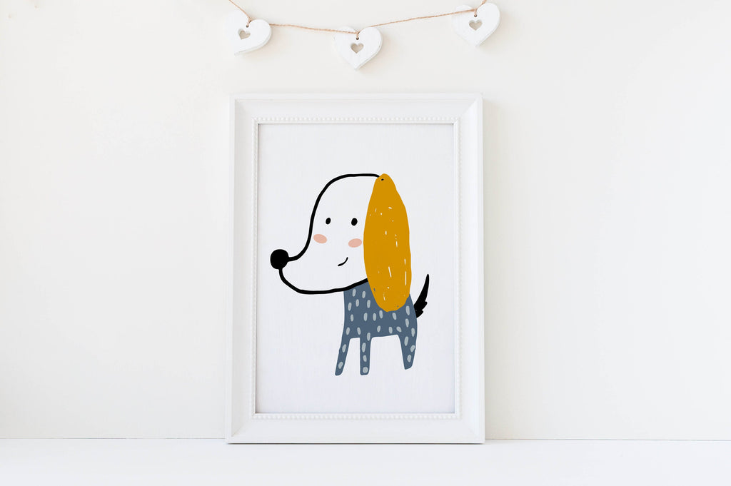 Wall Funk's charming dog-themed nursery art print, with orange-eared cartoon dog, brightens spaces, matched with white heart ornaments.