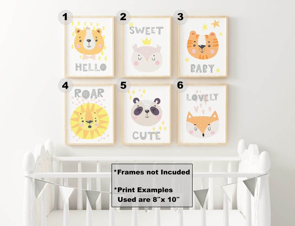 Wall Funk's Safari Nursery Prints, NP#87, feature 6 cute animal-themed prints for a playful touch above a white crib. Custom sizes available.