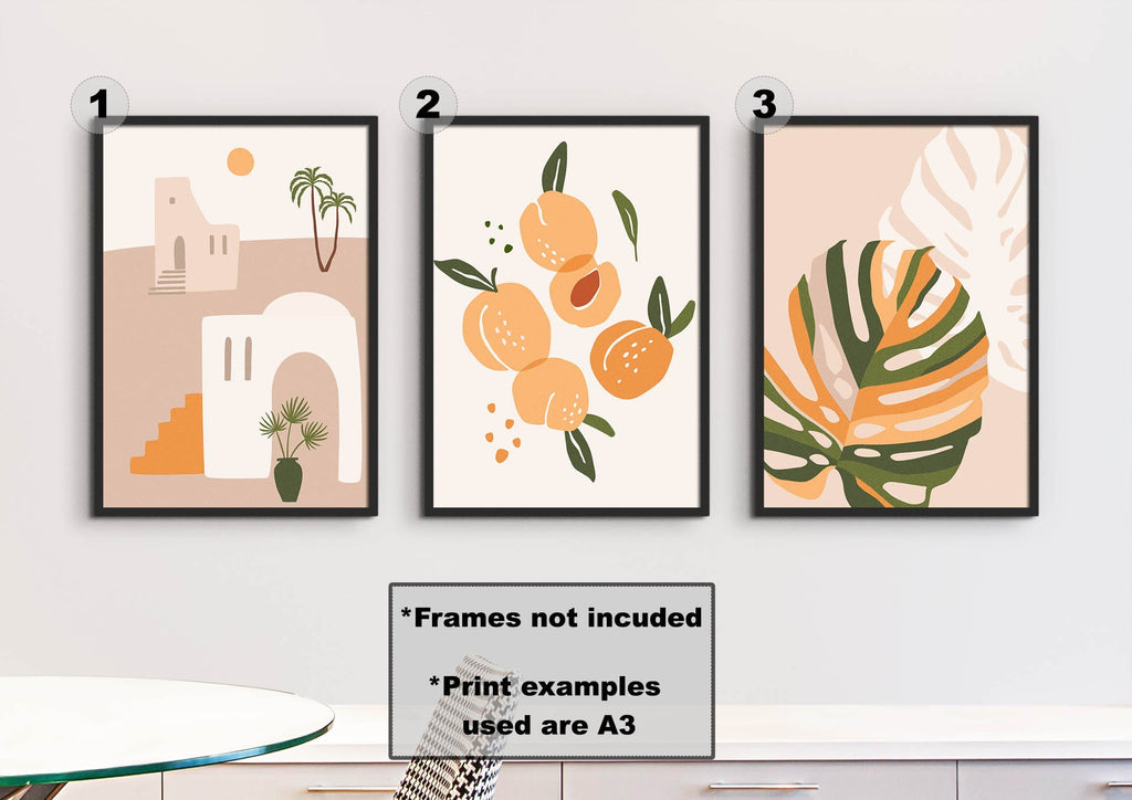 Three prints: desert scene, oranges & a monstera leaf. High quality Wall Funk cards, custom sizes; frames not included.