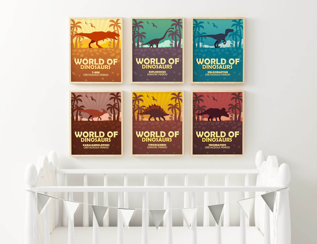 Six Wall Funk Colourful Dinosaur Themed Children's Prints above a white crib, with gray and white bunting hanging in front.