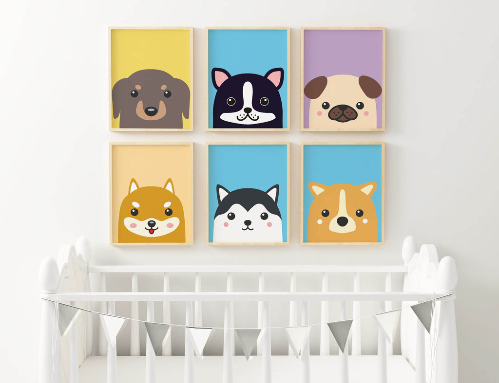 Wall Funk's charming nursery art with adorable dog illustrations above a white crib, accompanied by a vibrant triangular banner.