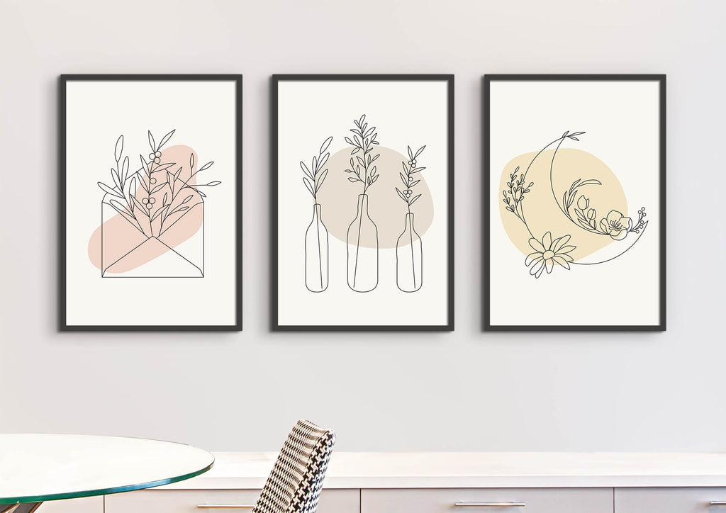 Floral Abstract Wall Art by Wall Funk: three minimalist floral prints in neutral tones on a white wall; custom sizes available.