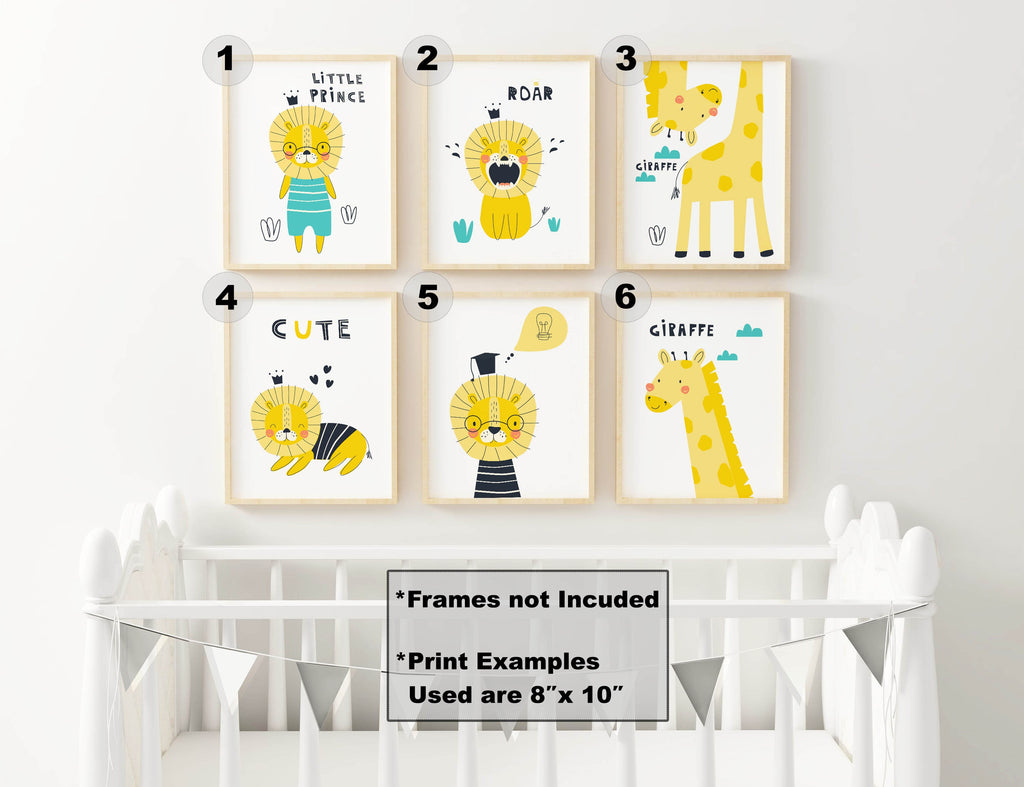 Wall Funk's Children's Yellow Safari Animals Wall Art Prints feature lions & giraffes, 8"x10", frames not included.