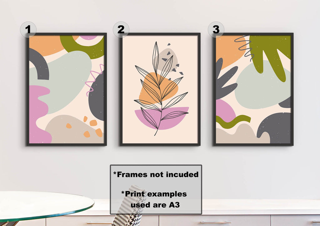 Floral Abstract Wall Art by Wall Funk: Set of 3 A3 prints with colorful shapes and leaf design. High-quality card, frames not included.