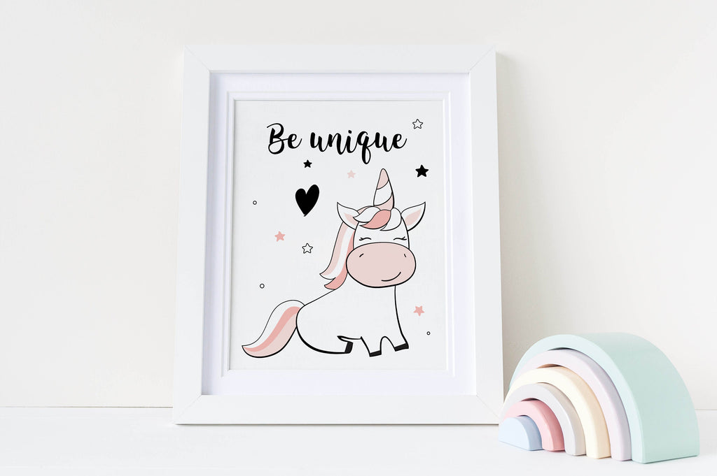 Framed unicorn illustration with "Be unique" text, stars & hearts. Ideal for nurseries. Wall Funk's Boho Nursery Prints Collection.