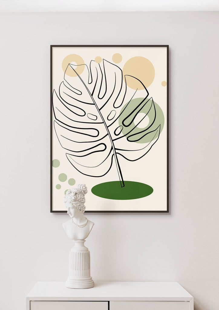 Floral Abstract Wall Art by Wall Funk: Minimalist leaf artwork in a frame above a white pedestal with a bust sculpture, customizable.