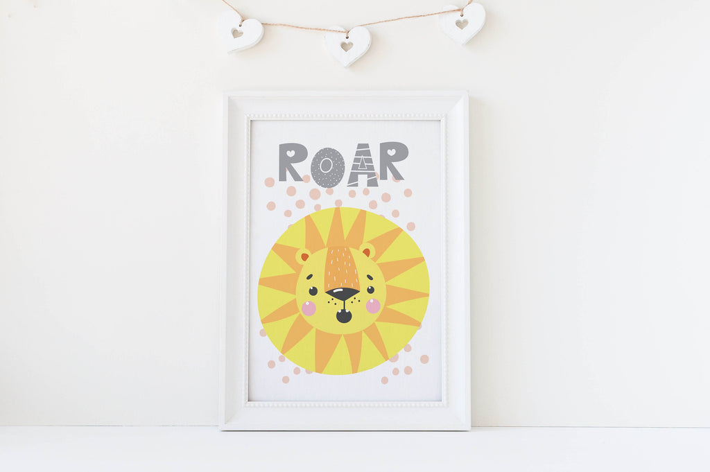 Wall Funk's NP#87 features a cute lion with "ROAR" on high-quality card, ideal for nurseries and includes heart decorations.