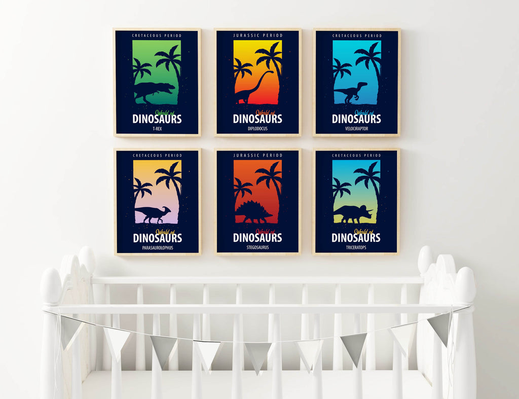 Wall Funk's Dinosaur Themed Children's Wall Art Prints: 6 vibrant dino designs with names & palm trees on quality card for above the crib.