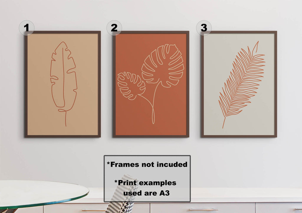 Three Floral Abstract Wall Art prints by Wall Funk adorn the wall, numbered 1, 2, and 3. Custom sizes on high-quality card stock available.