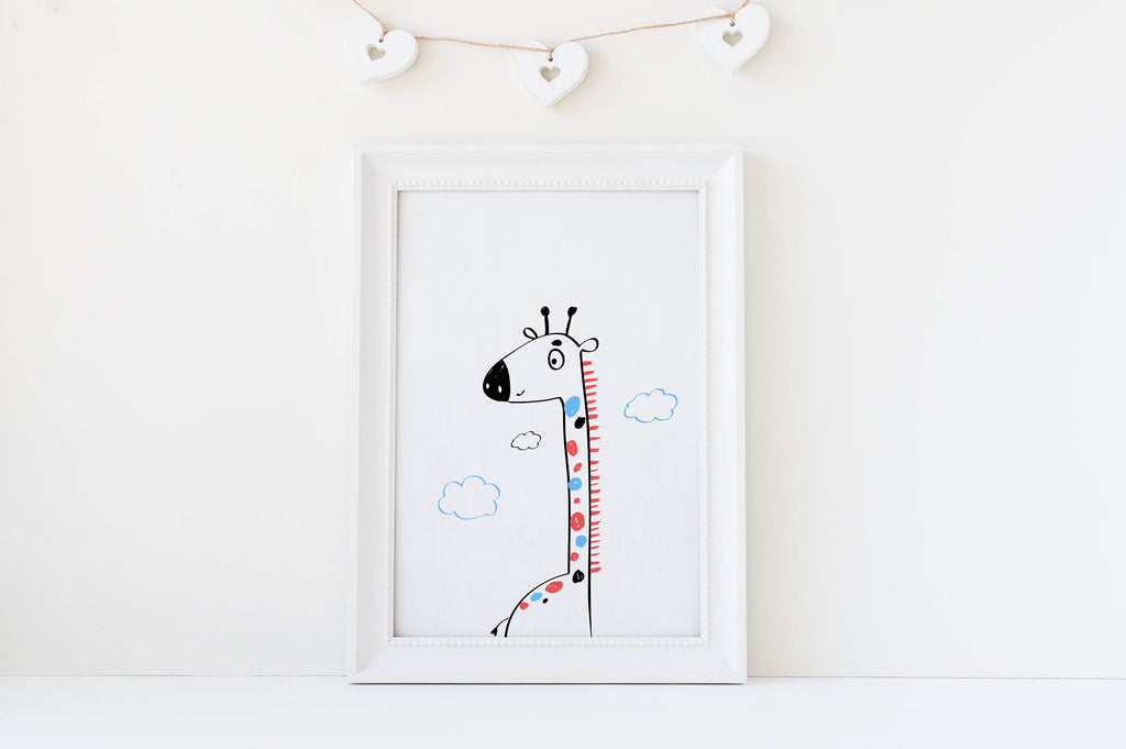 Wall Funk's 'Safari Nursery Art Prints' feature cute giraffes with clouds and hearts, available in custom sizes for nurseries. NP#24.