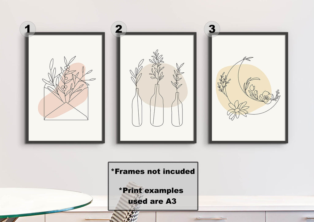 Floral Abstract Wall Art by Wall Funk: 3 minimalist line art prints in black frames, customizable sizes, featuring earthy tones.