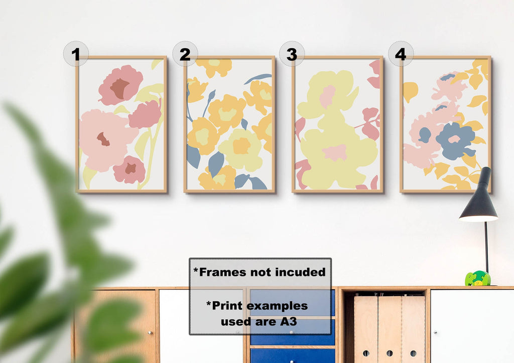 Floral Abstract Wall Art by Wall Funk: Set of 4 colorful prints, A3 size, frames not included, custom sizes on high-quality card.