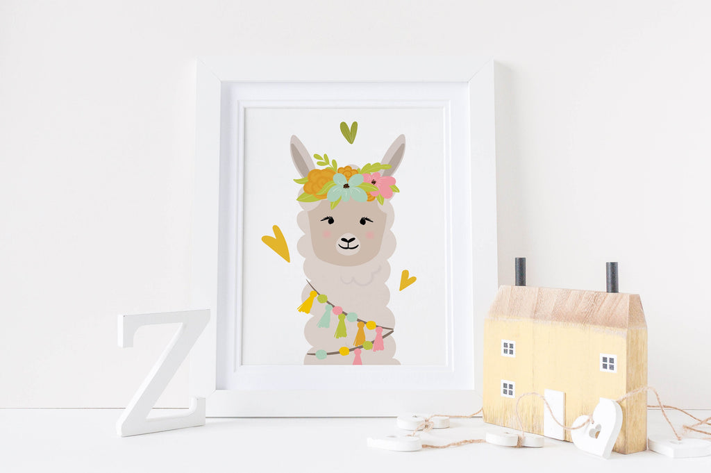 Wall Funk's Charming Llama Nursery Art adds charm to shelves with wooden decor, featuring playful llamas and vibrant colors.