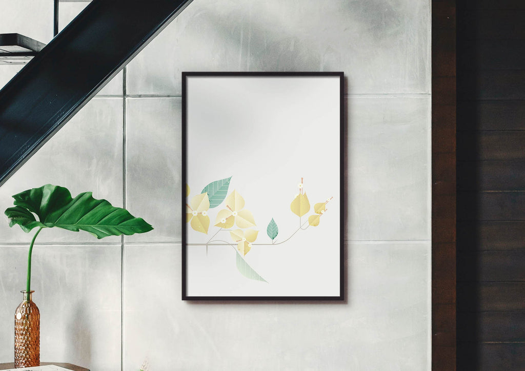 Wall Funk's Floral Abstract Wall Art in dark frame, custom sizes available, on light gray wall beside a green potted plant.