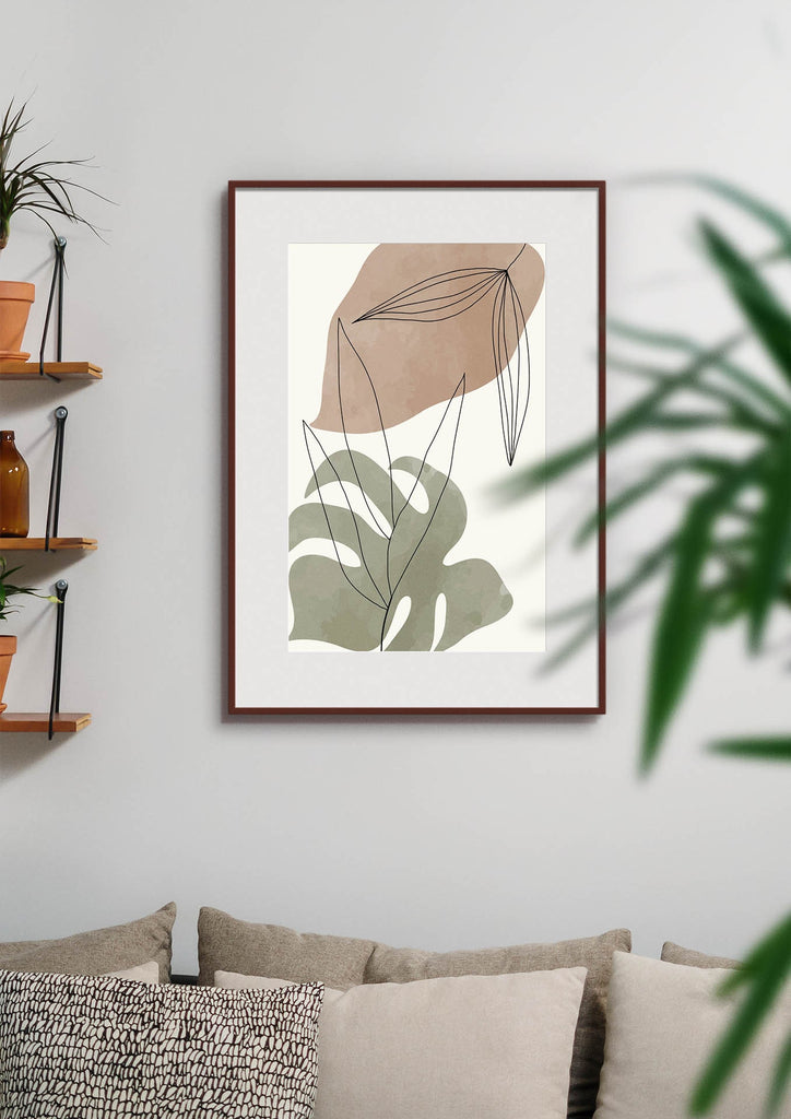 Framed "Floral Abstract" art by Wall Funk hangs above a beige sofa, enhanced by plants. Custom sizes available.