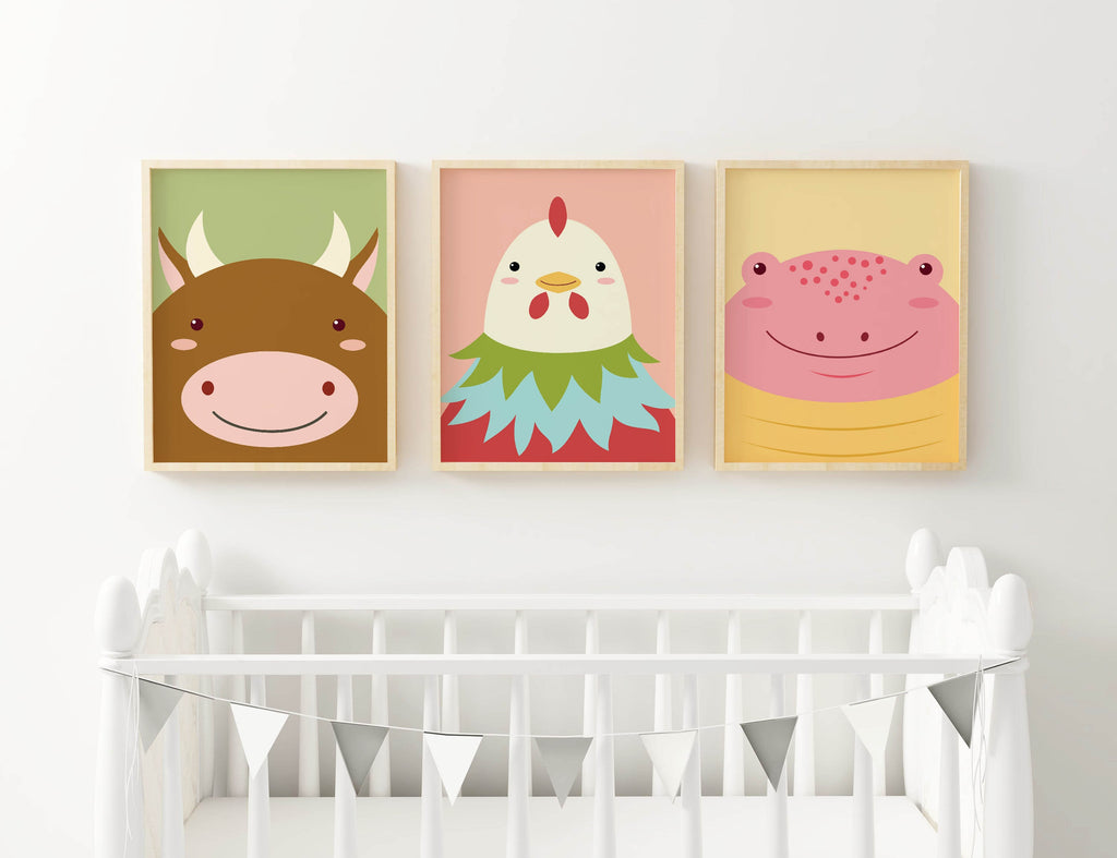 Wall Funk's NP#100 nursery wall prints: cow, chicken, and frog in custom sizes above a crib on pastel walls.