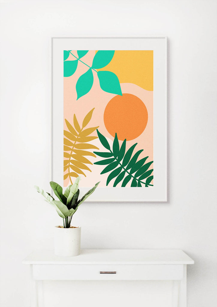 Wall Funk's Floral Abstract Wall Art elegantly hangs above a white table with a potted plant.