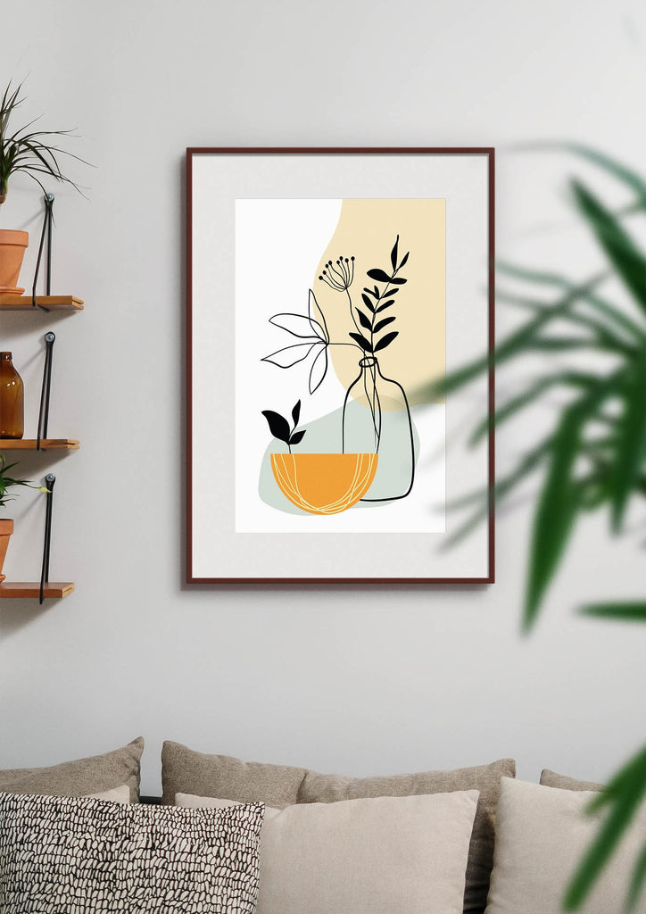 The Floral Abstract Wall Art by Wall Funk features plant sketches in vases, available in custom sizes. Perfect above a beige couch.